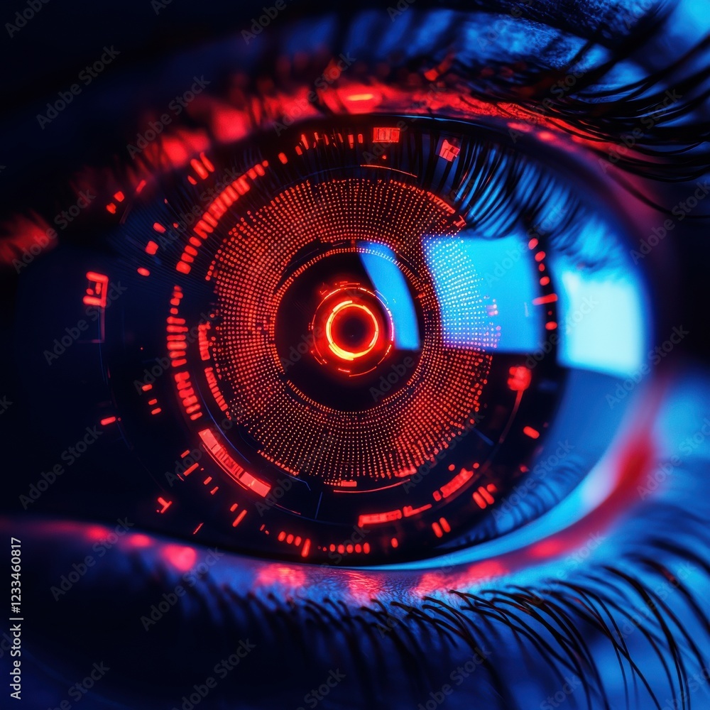 Poster solution ai authentication cybersecurity concept. futuristic eye design with vibrant red and blue di