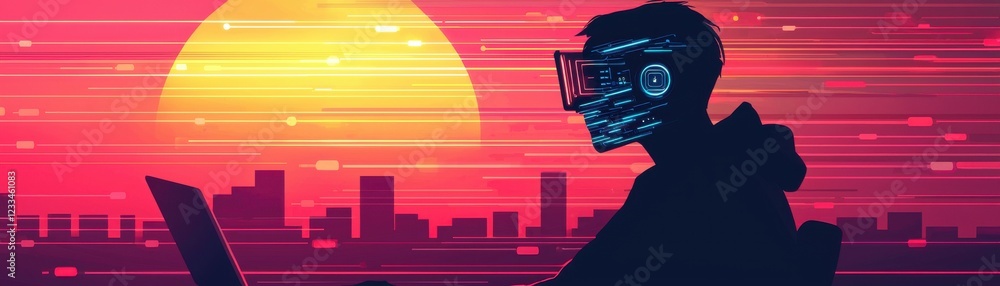 Poster solution ai authentication cybersecurity concept. silhouette of a person with headphones against a c