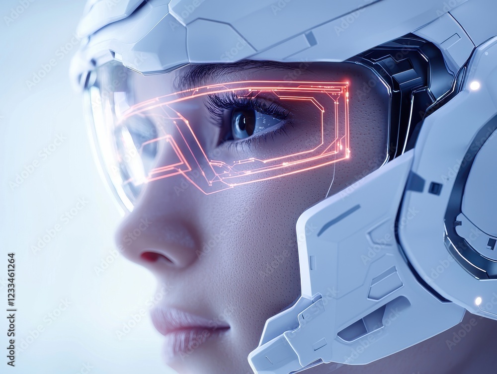 Poster solution ai authentication cybersecurity concept. futuristic woman wearing advanced helmet with illu