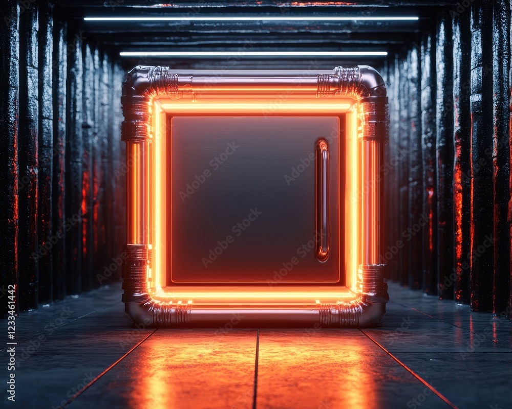 Poster solution ai authentication cybersecurity concept. a glowing safe in a dark corridor with neon accent