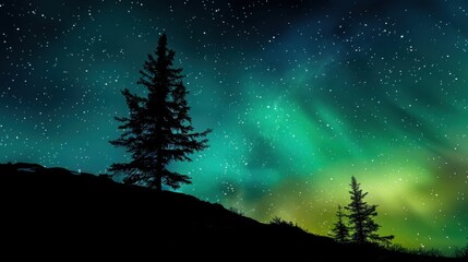 Naklejka premium Lone pine tree silhouetted against a vibrant aurora borealis in a serene landscape, showcasing the natural beauty and tranquility of the northern lights in a breathtaking night sky