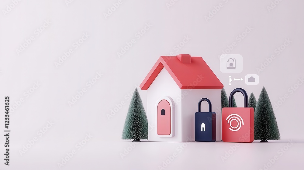 Poster solution ai authentication cybersecurity concept. a colorful model house with security locks and dec