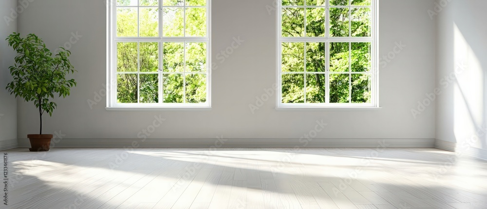 Poster bright and open interior space with large windows and lush greenery in minimalist design