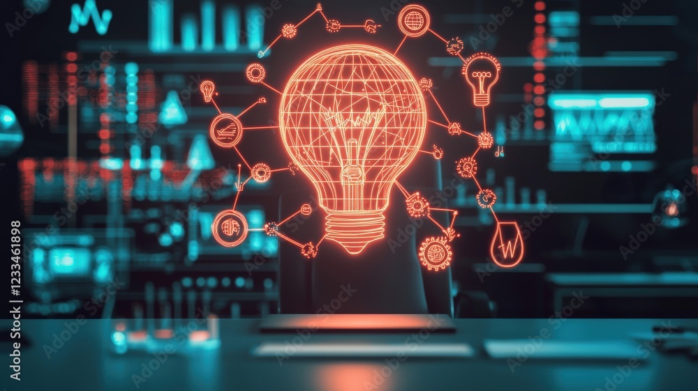 Aufkleber modern technology concept with neon light bulb surrounded by digital icons and data visualization el