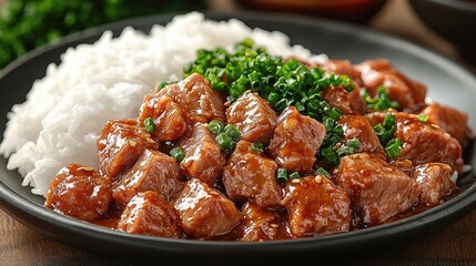 Delicious plate of tender beef with rice and green onions on a wooden table