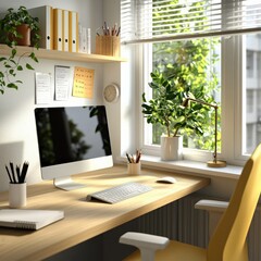 Bright and Cozy Home Office Workspace with Desk, Computer and Indoor Plants in Natural Light