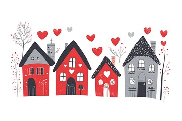 Fototapeta premium Cute, hand-drawn houses with hearts, perfect for Valentine's Day.