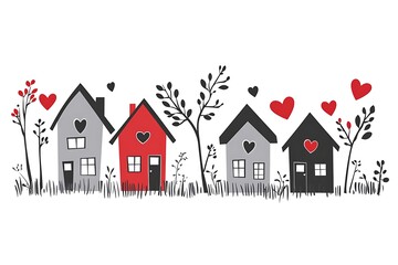 Fototapeta premium Cute, hand-drawn houses with hearts, perfect for Valentine's Day.
