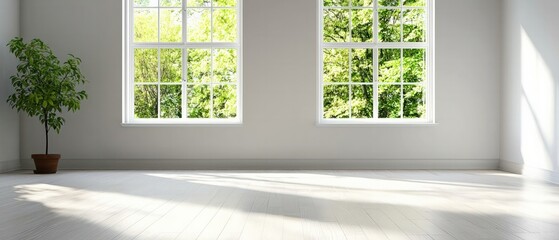 Bright and Open Interior Space with Large Windows and Lush Greenery in Minimalist Design