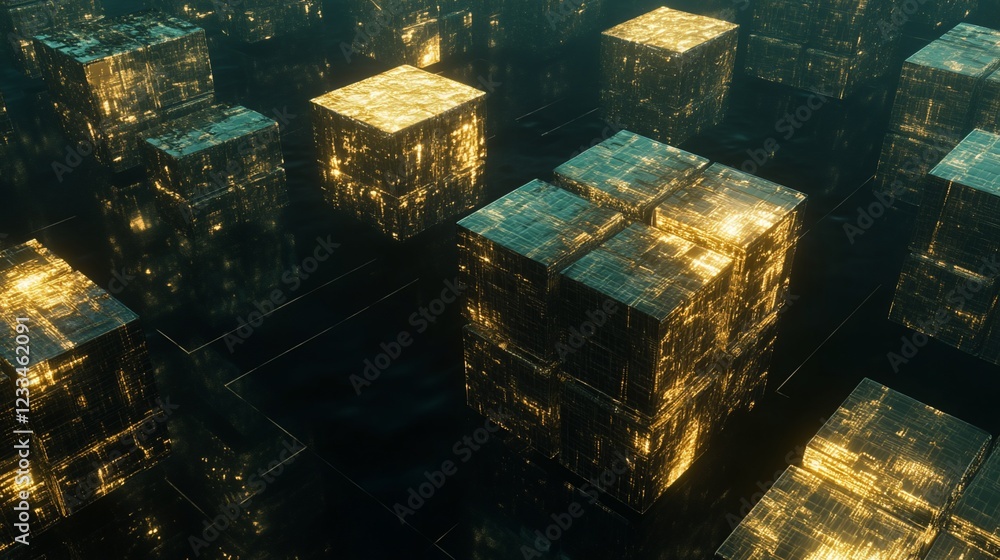 Poster abstract glowing cubes with golden light, floating in a dark and reflective space