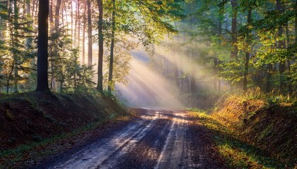 Fototapeta premium Mesmerizing Foggy Autumn Morning Road in the Forest Bathed in Sunbeams near Piaseczno, Poland Vivid Colors and Textures Amidst Natures Grandeur