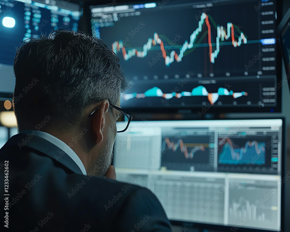Poster business professional analyzing financial data on multiple monitors in modern workspace
