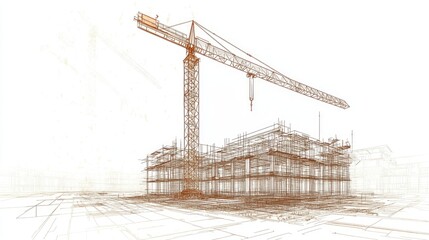 Line sketch of an under construction site with a tower crane presented as a 3D illustration of architectural engineering