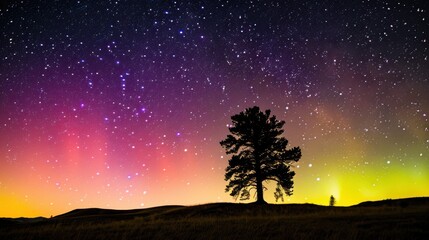 Lone pine tree silhouetted against a vibrant aurora borealis in a serene landscape, showcasing the natural beauty and tranquility of the northern lights in a breathtaking night sky