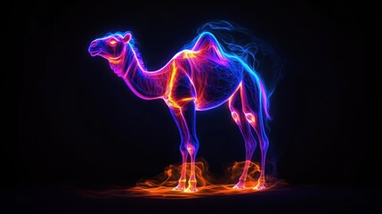 Glowing camel, desert night, energy art, mystical