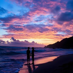 Fototapeta premium Silhouette Couple Holding Hands Beach Sunset