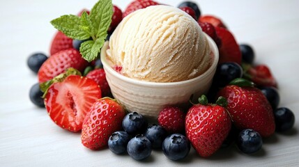 Delicious ice cream scoop surrounded by fresh strawberries and blueberries on a light background