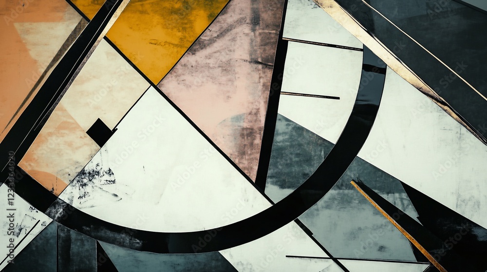 Poster abstract geometric composition with overlapping shapes in a variety of colors and shades