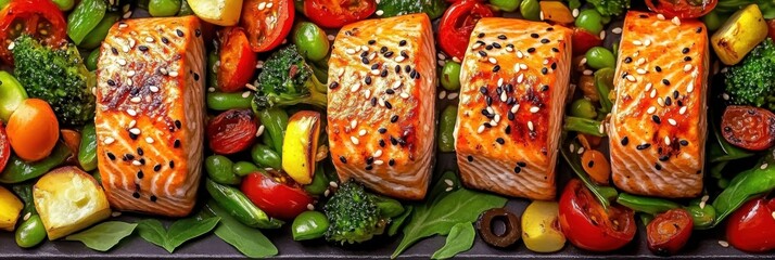 Grilled salmon fillets, sesame seed crust, vibrant vegetables, cherry tomatoes, fresh herbs, rustic wooden board, colorful food photography, overhead view, healthy meal preparation, Mediterranean cuis