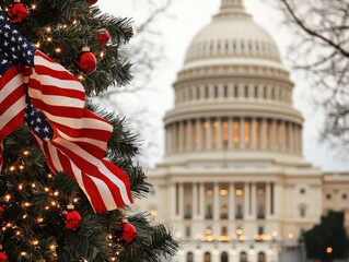 Christmas Tree Decorated with Red Ornaments and American Flags in Front of the U.S. Capitol Building