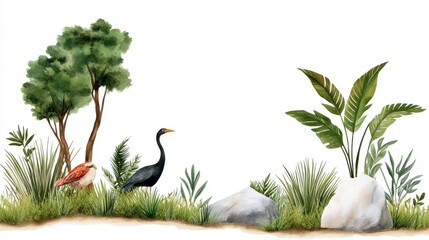 Obraz premium Serene Watercolor Landscape Painting of Birds and Plants in a Tranquil Natural Setting