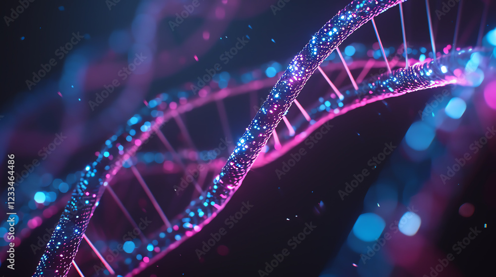 Poster close-up abstract representation of dna helix structure with neon colors and light effects