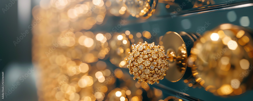 Poster close-up of a dazzling golden decorative object with sparkling bokeh effects