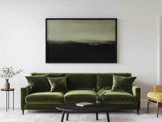 Modern 3D rendering of a living room with a green sofa and black picture frame.