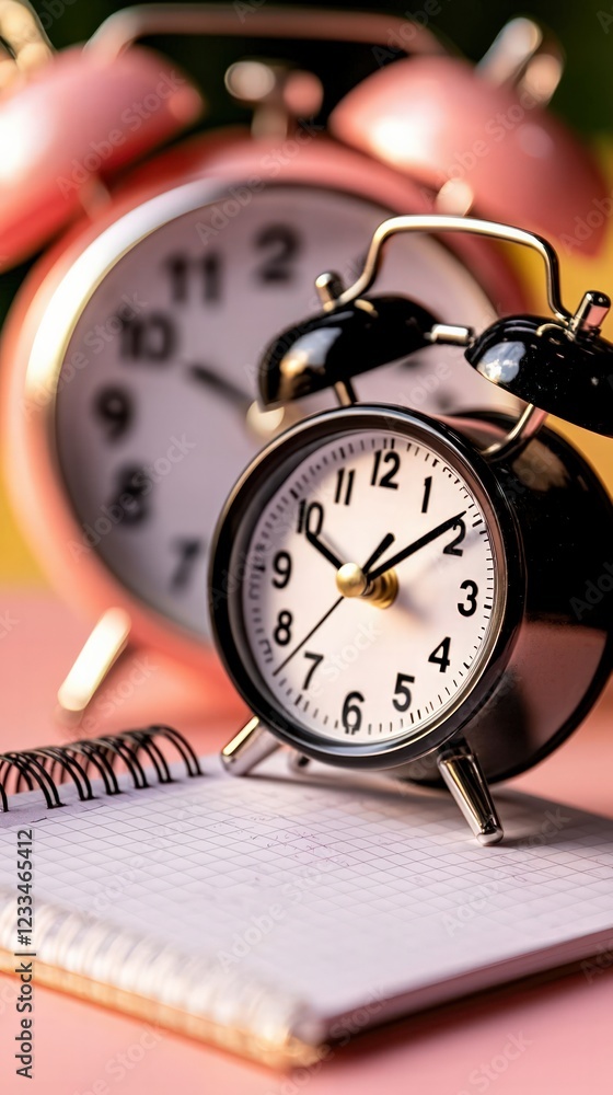 Poster close up of black and pink alarm clocks next to a notebook on a soft colored surface