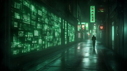 Lone Figure Walking Rainy Cyberpunk City Street