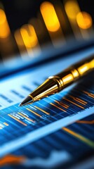 Fototapeta premium Close-Up of Golden Pen on Financial Report with Data Analytics and Business Charts