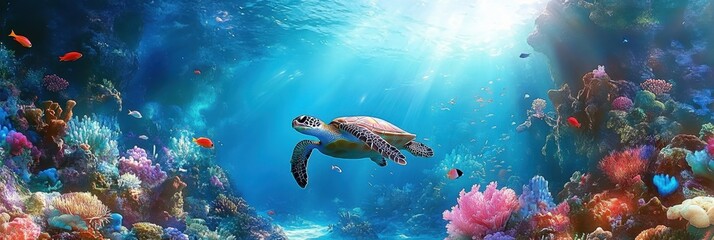 Fototapeta premium Underwater scene, vibrant coral reef, tropical fish, sea turtle swimming, sunbeams filtering through water, colorful marine life, blue ocean background, natural aquarium, sunlit aquatic environment, d