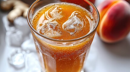 Refreshing iced beverage with peach slices and ginger, served on a white table
