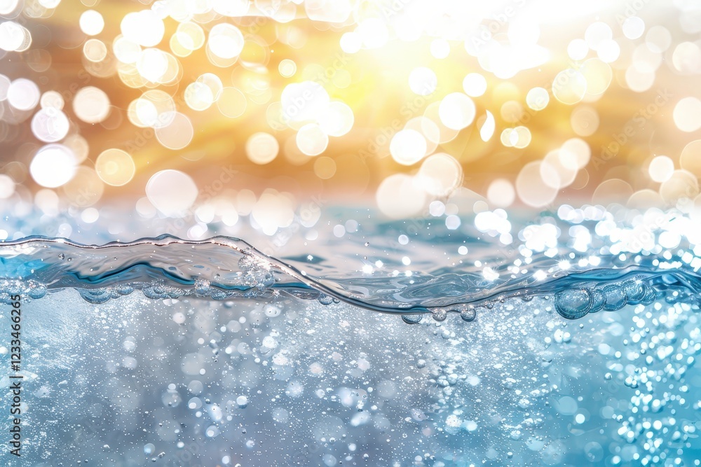 Poster a sparkling water surface reflects golden sunlight, creating a serene and tranquil atmosphere with s
