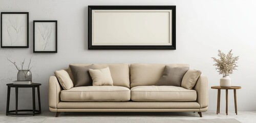 Softly lit 3D living room mockup with black frame and minimalist beige decor.