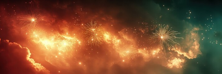 Naklejka premium Cosmic nebula, swirling galaxies, vibrant orange and teal colors, starry space background, ethereal celestial clouds, dynamic energy patterns, deep space exploration, high-resolution astrophotography,