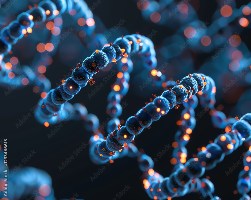 Poster close up view of a complex dna strand in a dark laboratory environment with neon glow