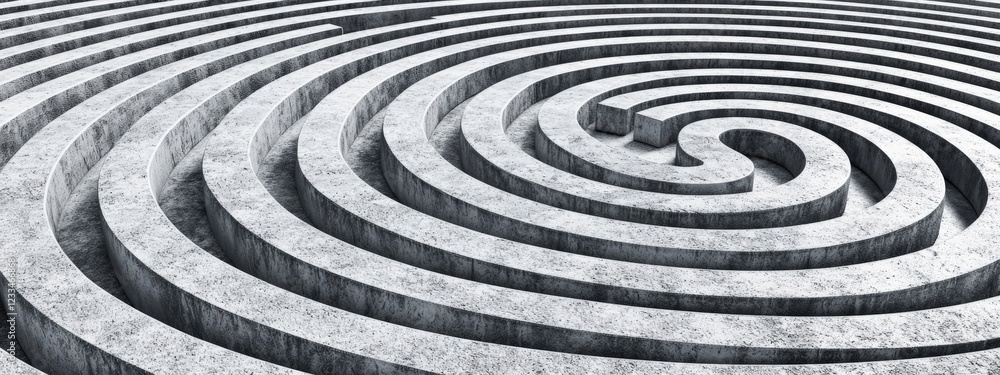 Poster abstract architectural design featuring three-dimensional spiral pathway in grey concrete material
