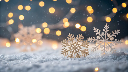 Naklejka premium Winter wonderland celebration snowy landscape holiday decor bokeh lights cozy atmosphere serene viewpoint