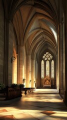 Fototapeta premium Sunlit cathedral aisle and altar