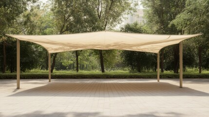 Large beige shade structure in a serene park, surrounded by lush greenery and sunlight