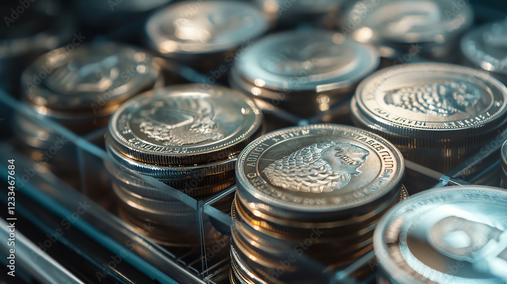 Poster close-up view of stacked golden coins displayed in a clear container