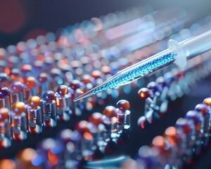 Fototapeta premium Closeup of a Pipette Dispensing Liquid on Colorful Molecules in a Scientific Laboratory Environment