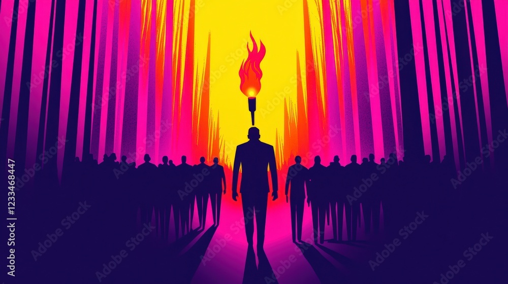 Poster mysterious figure leading dark procession through enchanted forest with flaming torch at dusk