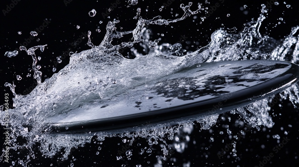 Poster a round object splashing through water creating a dynamic splash effect on a dark background