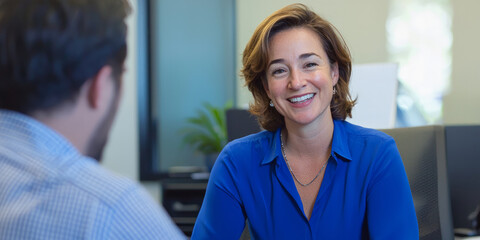 Fototapeta premium Portrait of a smiling business woman, a manager, talking to a male employee in an office, generative AI