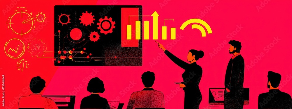 Poster business team engaging in data analysis presentation with colorful visuals and projector in modern o