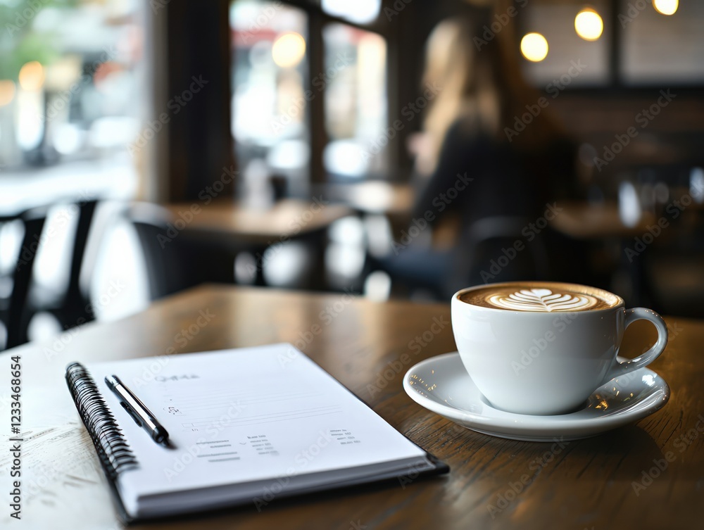 Poster coffee cup with latte art on table next to notebook and pen in cozy cafe setting
