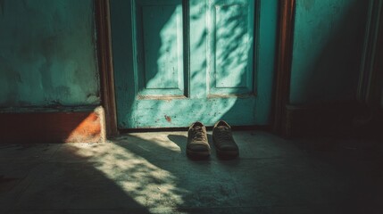 Worn Shoes by an Old Doorway in a Deserted Building