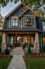 Fototapeta premium Luxury Modern Home Exterior: Dream House Design and Architecture. Stunning Facade, Landscaping, and Evening Lighting. Real Estate Photography.